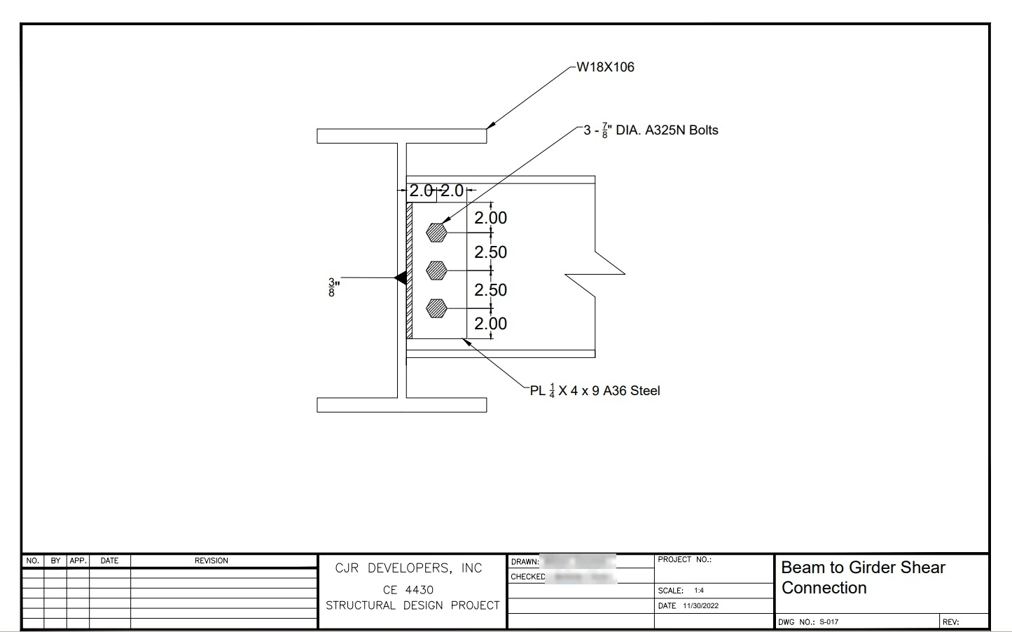 A beam-to-girder shear connection drawing with drawn-by and checked-by entries (names removed)