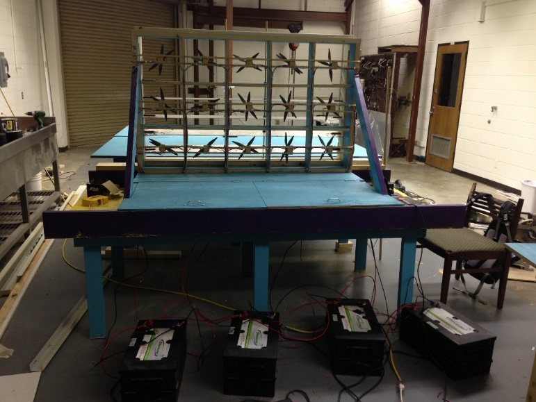 The Phase I 15-fan wind generator and test table